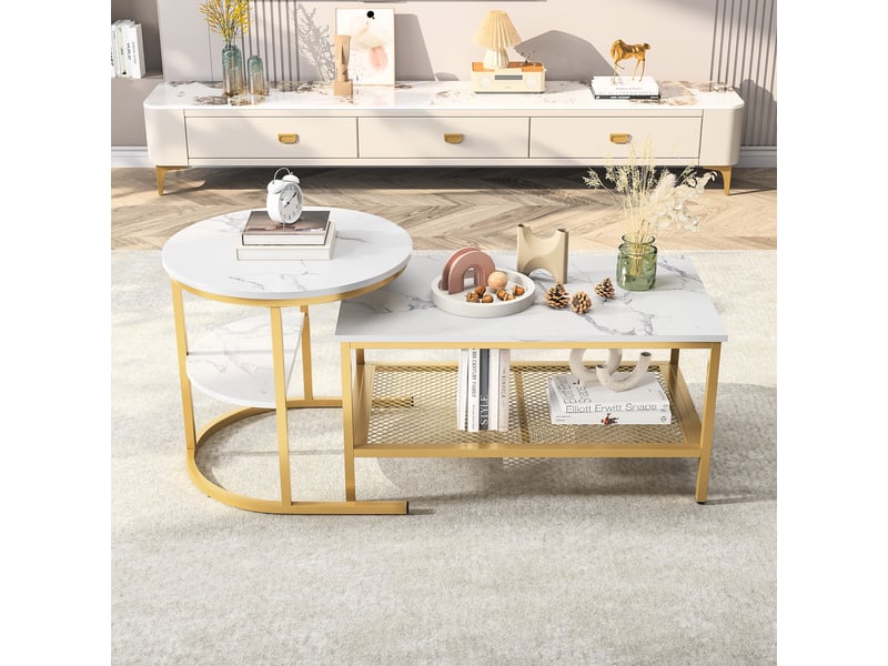 Lot de 2 tables basses gigognes – 80 x 46 x 41 cm – double rangement & pieds métal – effet marbre - blanc et doré - Conforama B