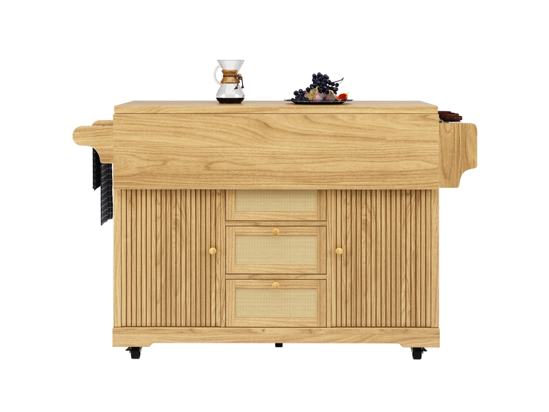 Desserte cuisine pliable 142,5x80x95 cm, îlot roulant, rangements, tiroirs, roulettes, mdf, métal et rotin pe, naturel  - Conforama A
