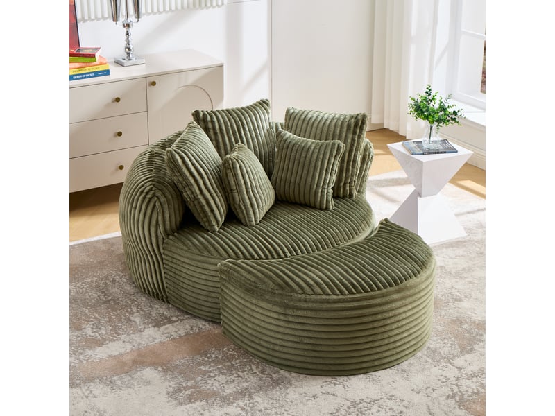  Fauteuil lounge rond en velours côtelé avec repose-pieds, canapé relax grande taille avec 5 coussins, assise profonde pour salon, vert émeraude  - Conforama C