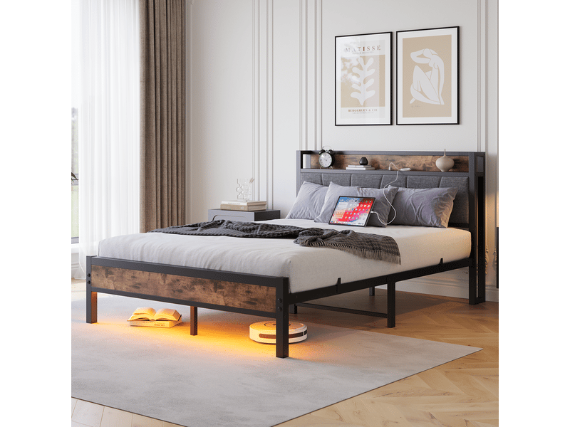  Lit cadre 120x200 cm, tête de lit de rangement, station de charge usb, éclairage led, en mdf et métal, marron antique, sans matelas  - Conforama D