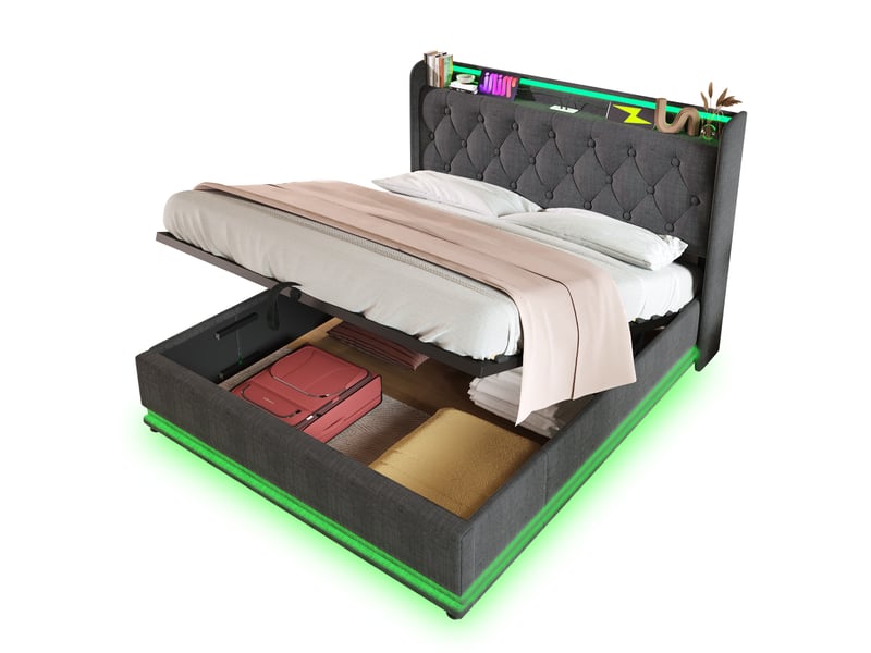  Lit double capitonné rayofi 160 x 200 cm, éclairage led 360° contrôlable (bouton, application, télécommande), rangement coffre hydraulique, tête de lit rembourrée avec ports usb et type-c, revêtement lin gris, matelas inclus  - Conforama W