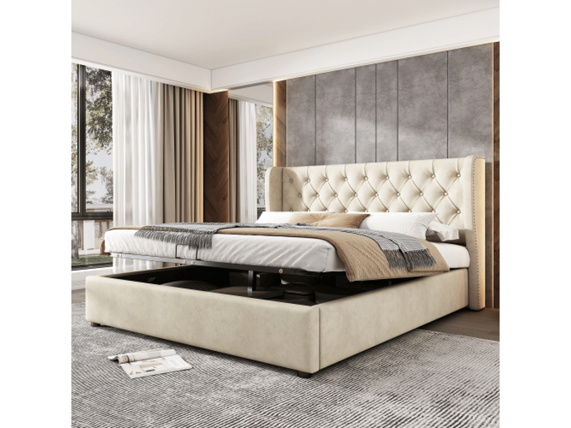  Lit motorisé 160x200 cm velours beige, tiroirs, oreillers intégrés, têtes cloutées, sans matelas  - Conforama E