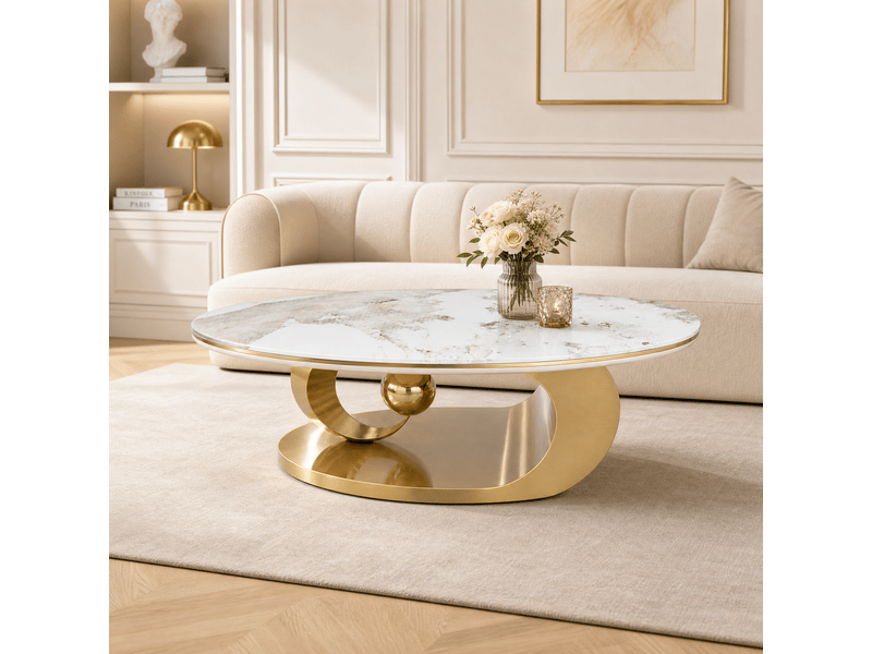 Table basse - luxueuse table basse ovale avec plateau effet marbre blanc, or et blanc, table d'appoint moderne pour salon - Conforama B