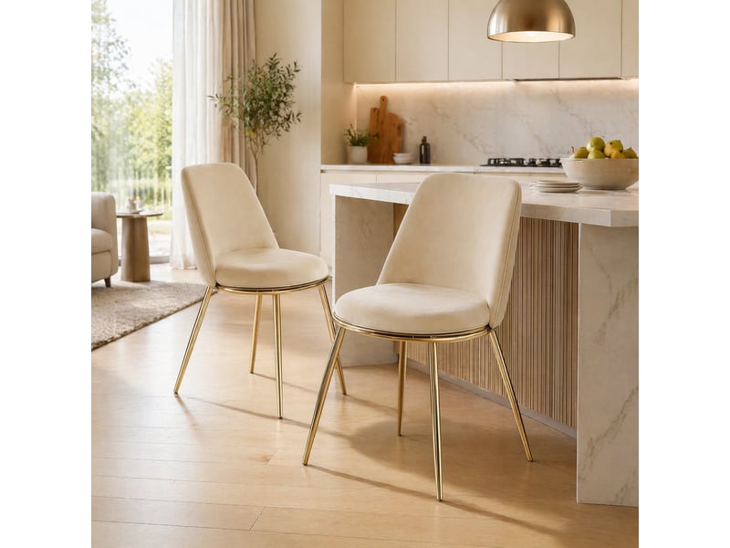 Lot de 2 chaises de salle à manger 56x47x82 cm, dossier haut, design moderne chic, piètement en métal, revêtement velours, teinte crème blanc  - Conforama B