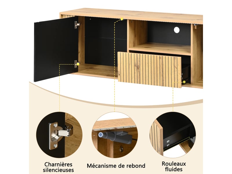  Meuble tv 180 cm avec rangement, 2 portes et tiroir, led bluetooth, design noir et bois avec rayures verticales, pour tv jusqu'à 75 pouces  - Conforama E