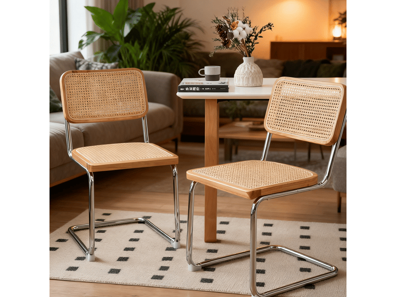  Lot de 2 chaises de salle à manger mid-century, velours et rotin, pieds chromés, rembourrées  - Conforama D