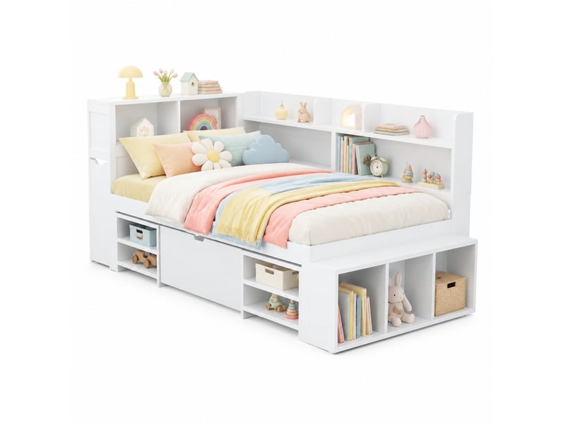  Lit enfant 90 x 190 cm – multifonction avec tiroirs et étagères – blanc  - Conforama A