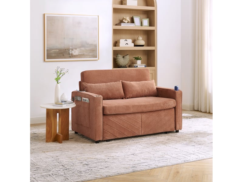  Canapé droit convertible 2 places orange avec usb, système coulissant 3-en-1 pour salon et chambre d'amis  - Conforama E