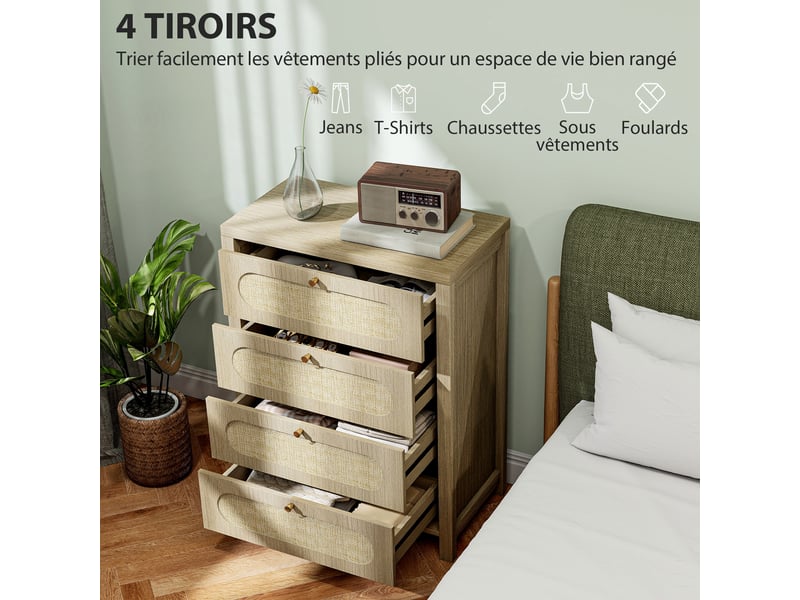  Commode 4 tiroirs en panneau de particules coloris bois naturel 70 x 38 x 93 cm  - Conforama D