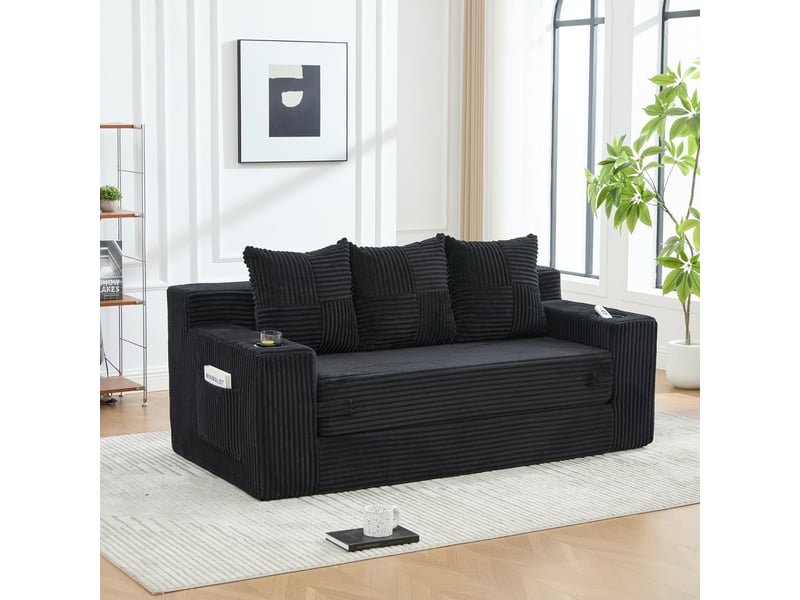  Canapé trois places avec porte-gobelets et poches latérales, design sans cadre, larges assises - noir  - Conforama E