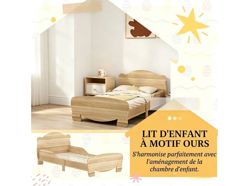  Lit enfant 70x140 bois naturel avec barrière de sécurité motif ours  - Conforama E
