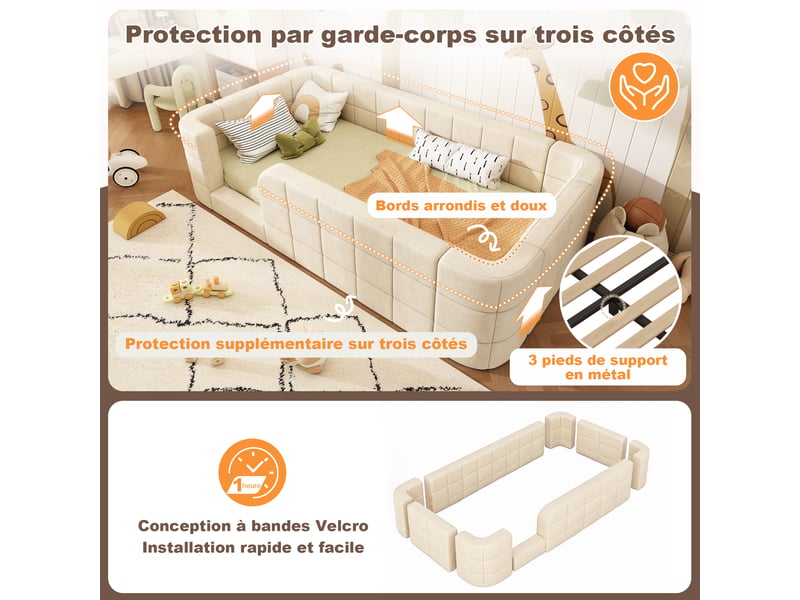 Lit enfant rembourré 90 x 190 cm avec barrières de sécurité, entrée basse et sommier à lattes, sans matelas, chenille, métal et bois - beige OMNIGLINT TRADING LTD - Conforama E