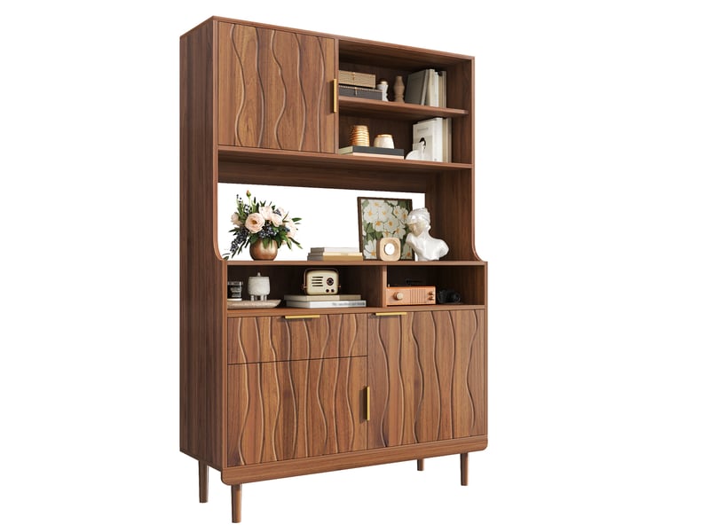 Buffet cuisine 3 portes et 1 tiroir, 100 x 32 x 170 cm, compartiments ouverts, façades en relief et pieds surélevés, mdf, couleur noyer Morn Vibe - Conforama A