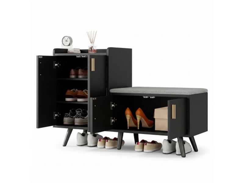  Meuble à chaussures avec banc rembourré et 4 portes, design moderne noir pour entrée &amp; salon  - Conforama D