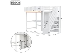 Lit mezzanine 90 x 200 cm en bois avec bureau, placard, échelle rangement, led et prises, blanc