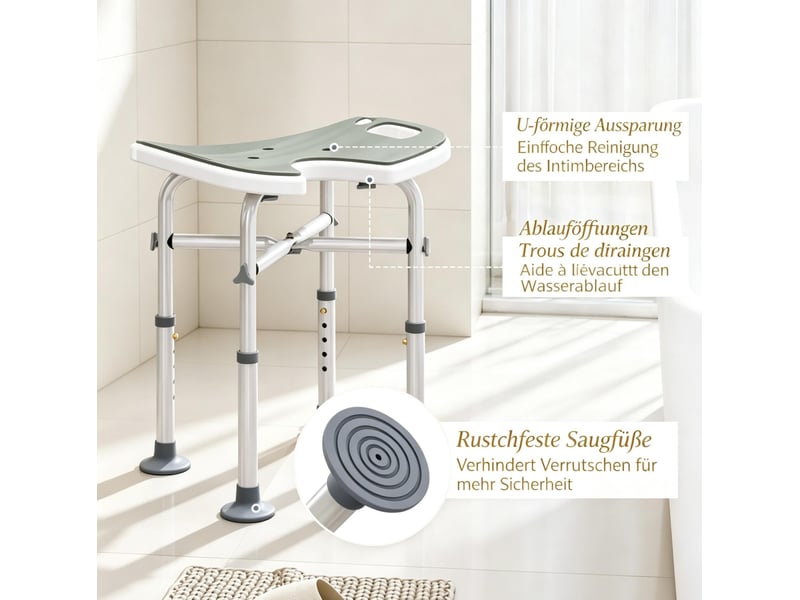  Tabouret de douche réglable 48,5 x 33 cm – gris – hauteur 39-51,5 cm, ventouses et barre d'appui incluse  - Conforama B