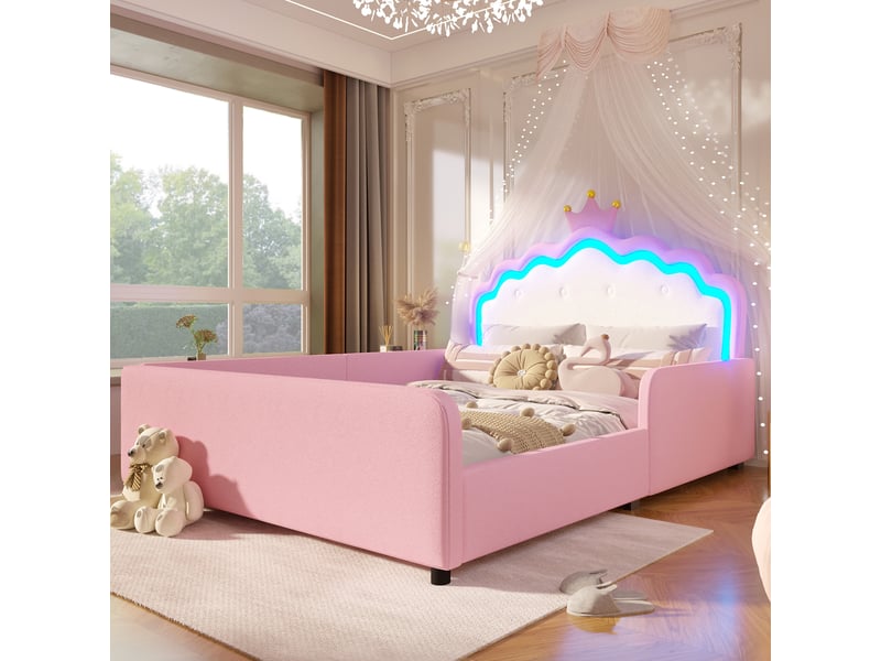  Lit simple enfant 140 x 190 cm avec tête de lit en forme de couronne, barrières latérales et éclairage led, similicuir, rose Morn Vibe - Conforama B