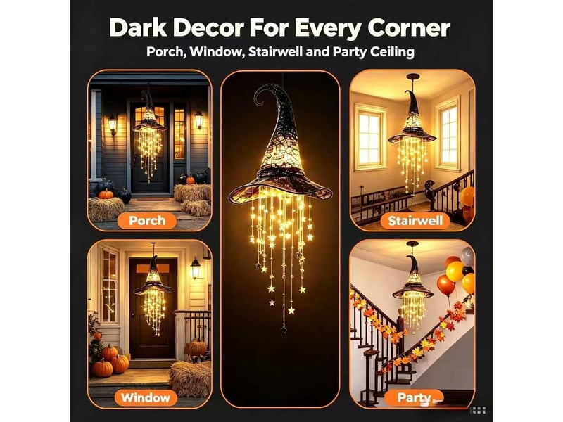  Lot de 2 décoration halloween lumineuse, chapeau de sorcière avec étoiles led, suspension décorative pour porche, entrée et jardin  - Conforama E