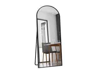 Miroir sur pied arché en verre trempé - 1800 x 800 mm-noir - grand miroir de plain-pied avec cadre en aluminium et support