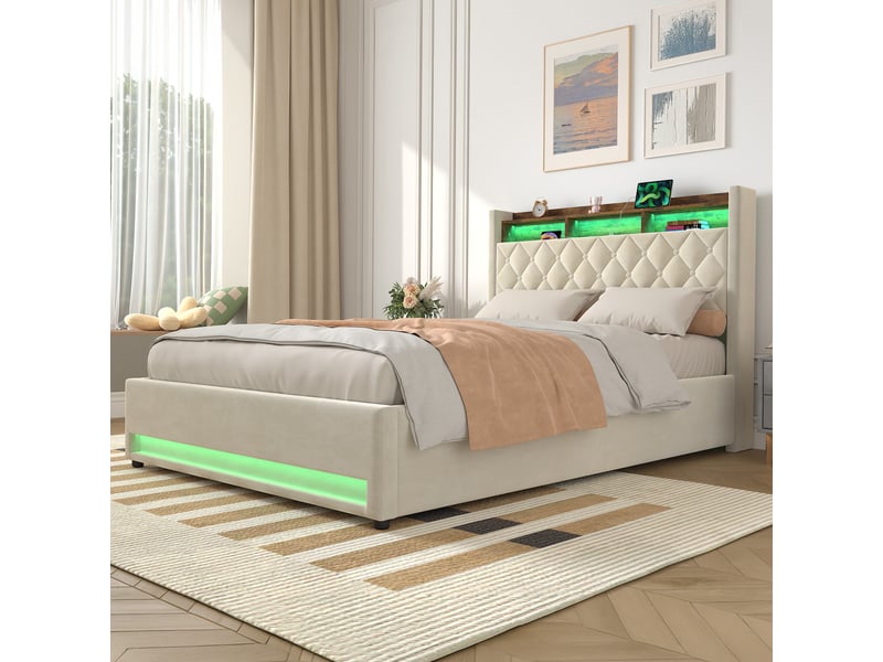  Lit double 140x190 cm avec rangement, led et usb beige homvra  - Conforama D