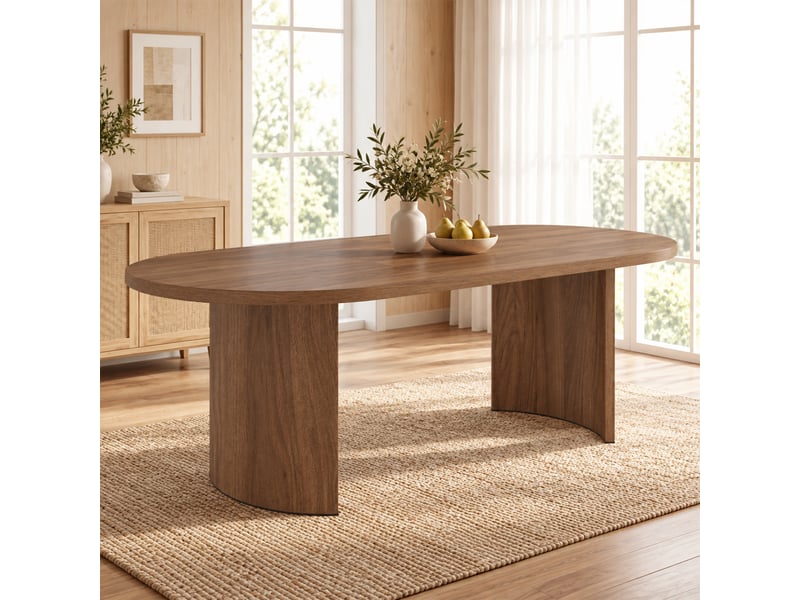 Table à manger 200x90x75 cm pour 6-8 personnes, plateau ovale effet bois, pieds courbés, design moderne salle à manger - mdf-noyer - Conforama B