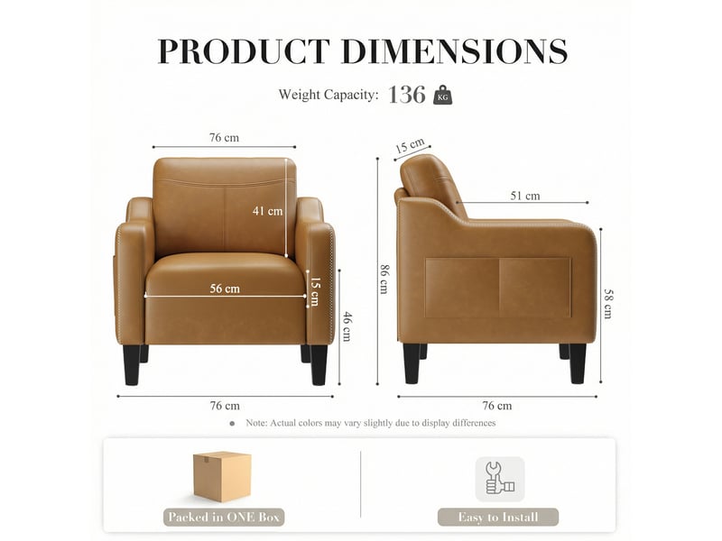 Fauteuil d’appoint moderne en pu style mid-century avec rangement latéral – confort ergonomique pour salon et bureau,jaune brun - Conforama C