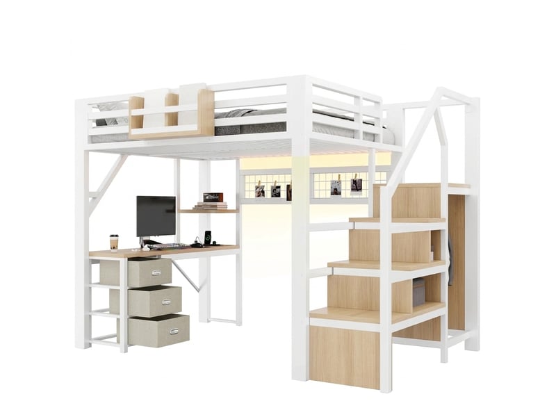 Lit mezzanine 140x200 avec bureau et armoire station de charge métal blanc - Conforama A
