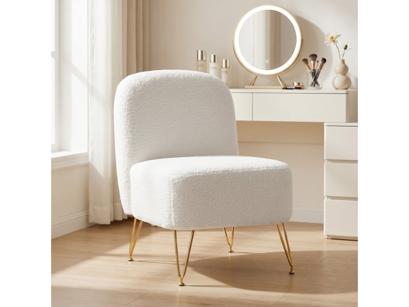  Fauteuil salon sans accoudoirs, fauteuil d'appoint rembourré en tissu bouclette, coussin épais, assise large, blanc  - Conforama D