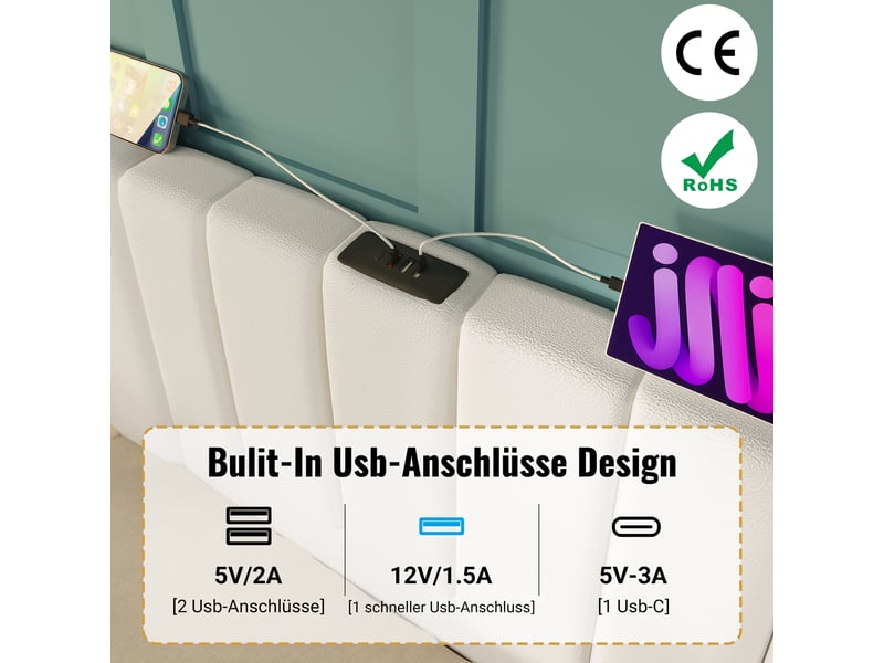  Lit coffre 180x200 cm avec led app, usb-c, rangement hydraulique, pu blanc, avec matelas inclus  - Conforama E