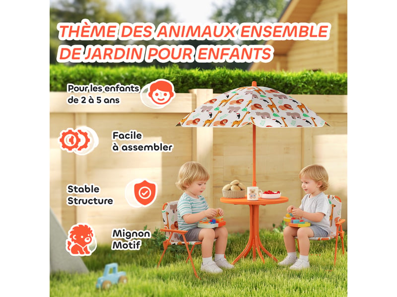 Salon de jardin enfant, table enfant avec 2 chaises pliantes et parasol ø 100 cm, motif animal, orange - Conforama E