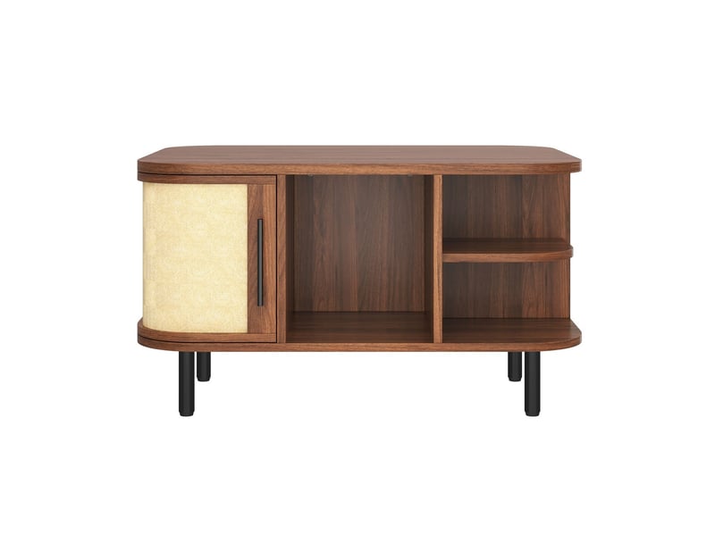  Table basse avec rangement forme courbée surface tressée corps en mdf poignées métalliques pieds en métal espace de rangement  - Conforama E