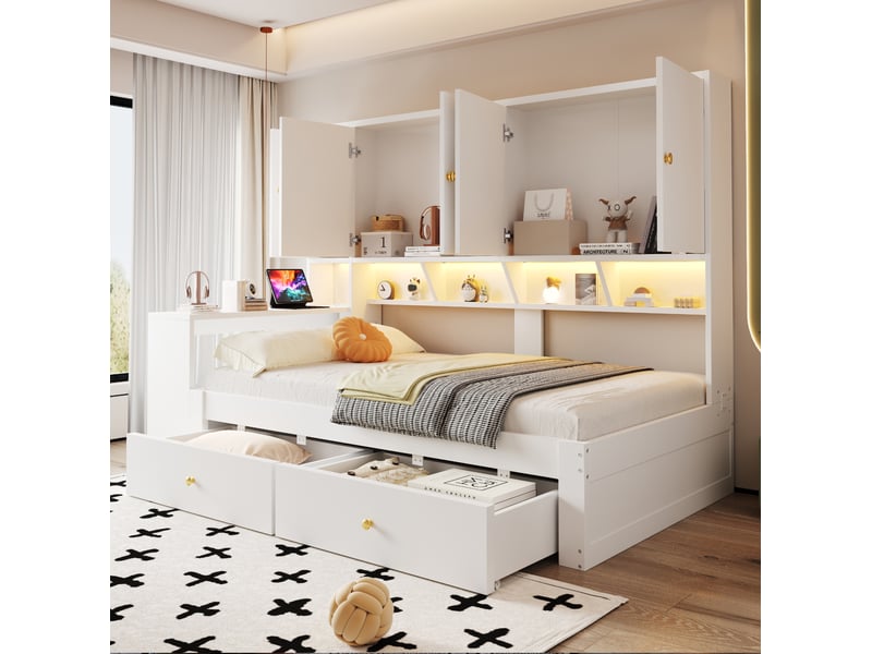  Lit enfant 90x200 cm avec bureau, rangements, 2 tiroirs, led et prises, coloris blanc, sans matelas  - Conforama W