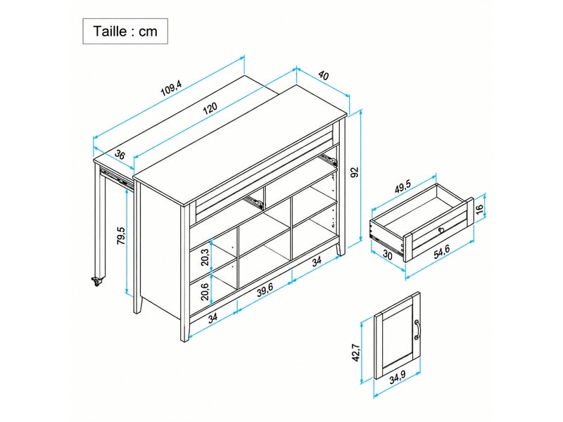  Îlot de cuisine avec table escamotable muvano, blanc et aspect bois clair, 120 × 40–76 × 92 cm  - Conforama W