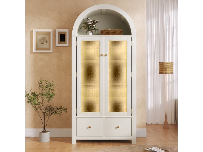  Armoire penderie 78x45x181 cm avec 2 portes effet rotin magnétiques, 2 tiroirs, tringle et niche ouverte pour chambre - blanc  - Conforama D