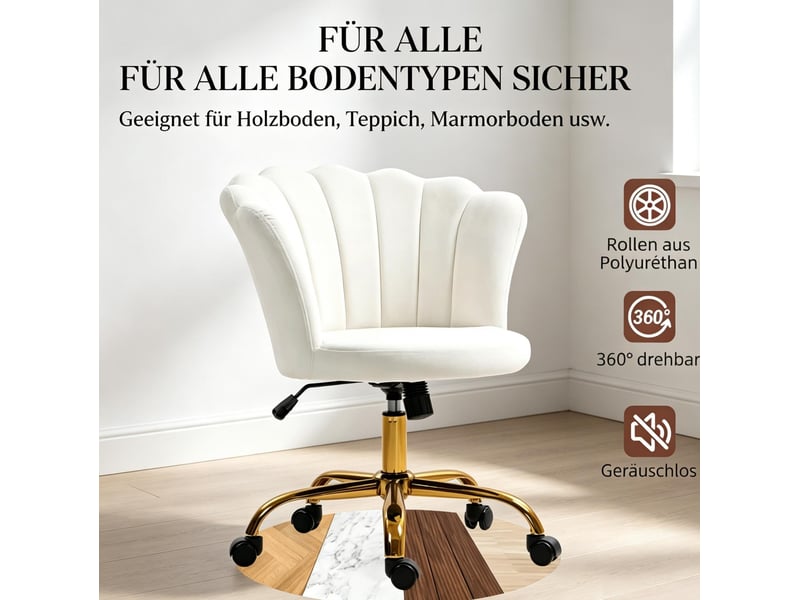  Chaise de bureau réglable en hauteur avec dossier en pétales, assise rembourrée et roulettes en velours blanc  - Conforama E
