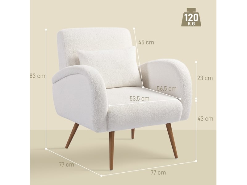 Fauteuil 77x77x83 cm, assise en mousse haute élasticité, structure métal, design moderne, canapé 1 place, couleur blanc - Conforama C