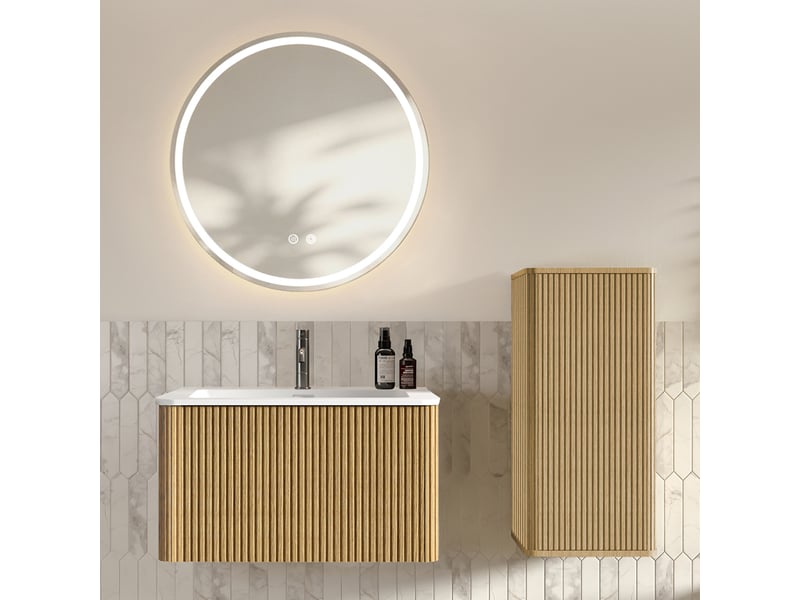 Meuble sous vasque avec miroir led et colonne de salle de bain, rangement mural, vasque en résine, finition chêne et blanc - Conforama B