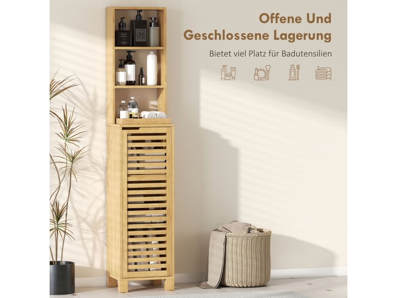  Meuble de salle de bain étroit en bambou avec 3 étagères ouvertes réglables et porte à lattes, 34 x 30 x 170 cm  - Conforama D