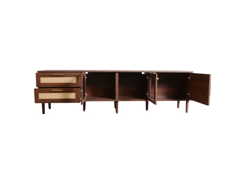  Meuble tv 180 cm marron pour écran 80 pouces en panneaux de particules avec 2 tiroirs en rotin 2 portes en verre incurvé 1 porte en rotin et éclairage led evarich - Conforama A
