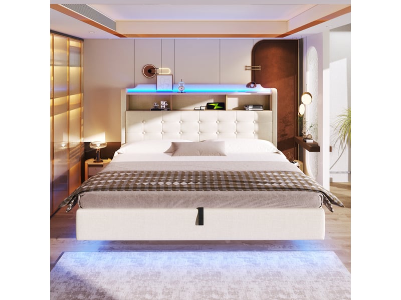  Lit coffre king size 180x200cm - lit suspendu design flottant avec éclairage led, tête de lit étagère, prises usb &amp; type-c, tissu lin beige evarich - Conforama E