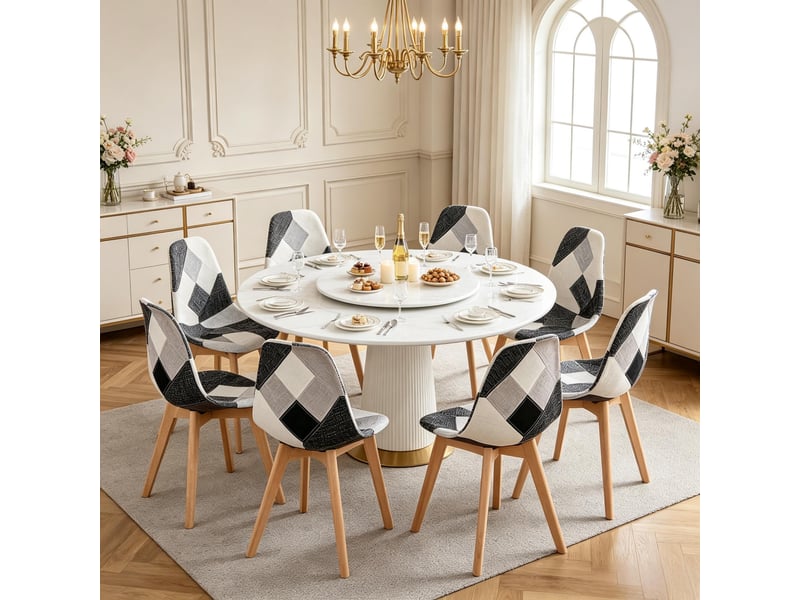  Lot de 8 chaises de salle à manger style patchwork en tissu avec structure en bois et métal, ergonomiques, gris multicolore  - Conforama C