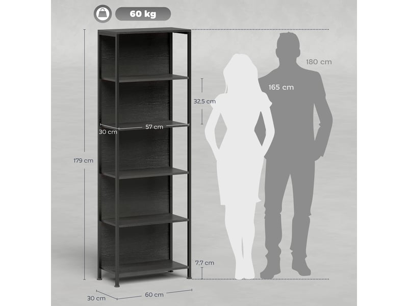  Bibliothèque étagère de rangement à 5 niveaux avec éclairage led 7 couleurs, structure en acier, 60 x 30 x 179 cm, noir  - Conforama E