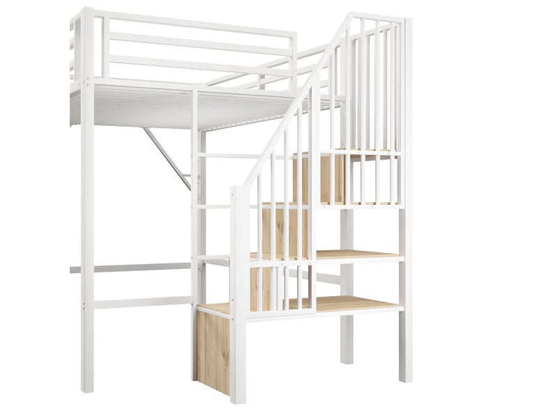  Lit mezzanine 140×200 cm avec escalier de rangement, étagères et barrière, métal et mdf blanc sans matelas  - Conforama D