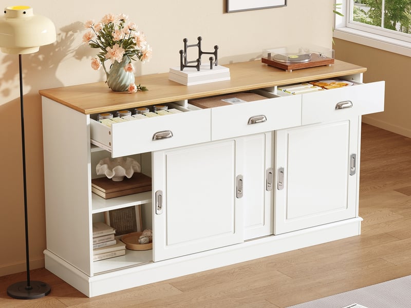  Commode 3 tiroirs et 3 portes coulissantes, 140 x 40 x 77 cm, corps mdf, poignées argentées, rangement polyvalent, blanc  - Conforama B