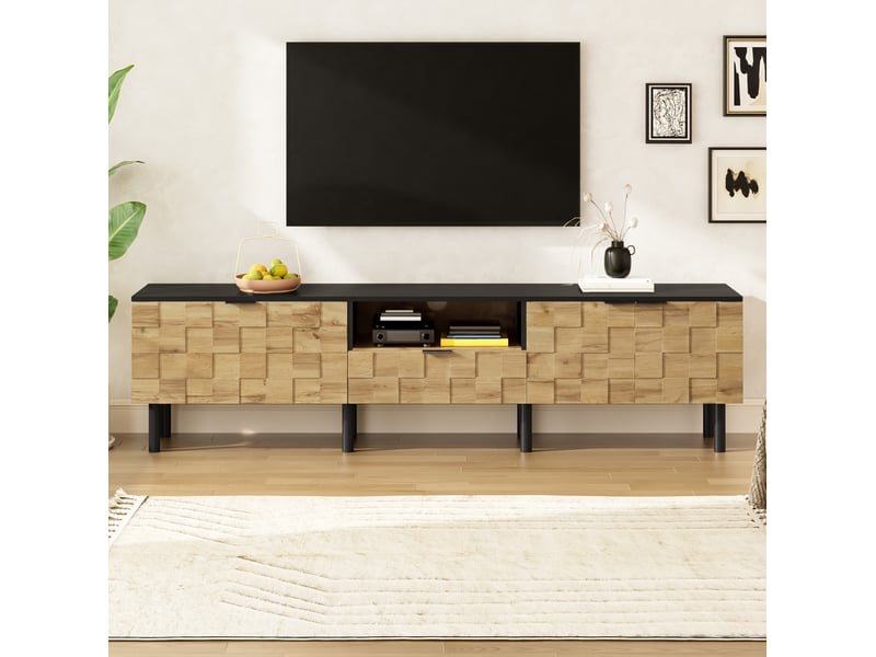  Meuble tv mosaïque 170 cm, 2 portes, tiroir et niche ouverte, décor bois noir  - Conforama D