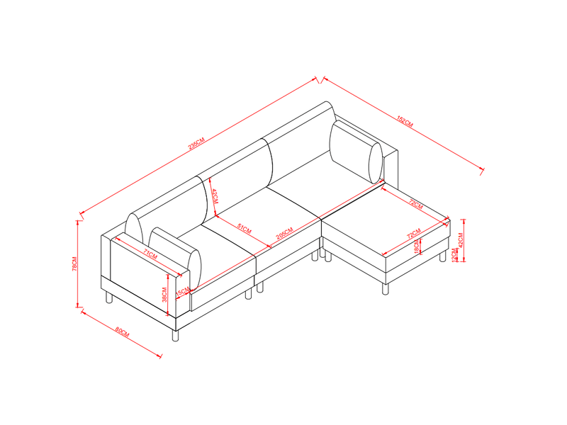  Canapé d'angle 3 places scandinave beige avec pouf 235x152x78 cm - tissu polyester et pieds en bois massif  - Conforama C