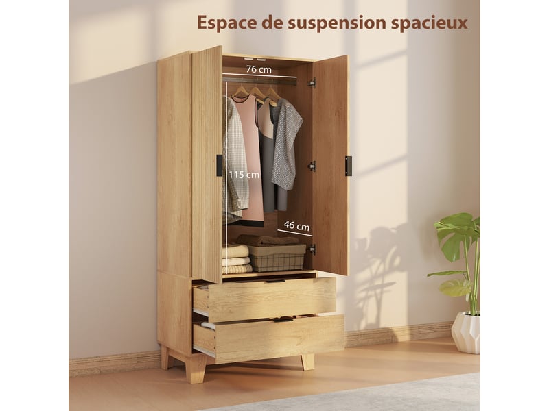 Armoire chambre penderie avec 2 portes à fermeture douce, 80x50x180cm, 2 tiroirs et barre de suspension, bois naturel  - Conforama A