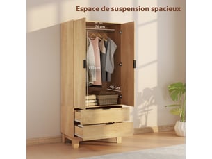 Armoire chambre penderie avec 2 portes à fermeture douce, 80x50x180cm, 2 tiroirs et barre de suspension, bois naturel
