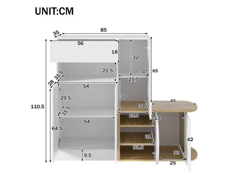  Meuble à chaussures 130x35x110,5 cm avec banc, 5 portes et tiroir blanc effet bois  - Conforama C