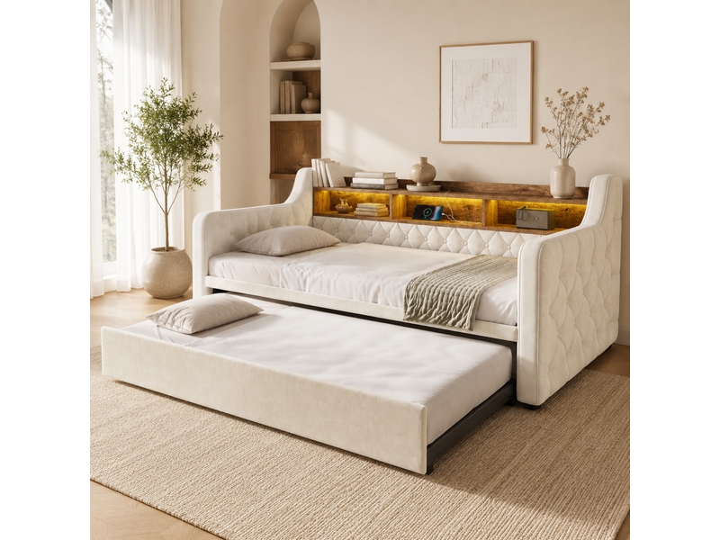 Canapé convertible avec lit gigogne, tête de lit de rangement, led et ports usb, en velours beige, 90 × 190 cm - Conforama C